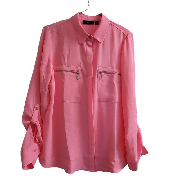 APT 9. Pink Long Sleeve Button Up Collared Shirt Women's Petite Medium PM 1045 - Picture 1 of 8